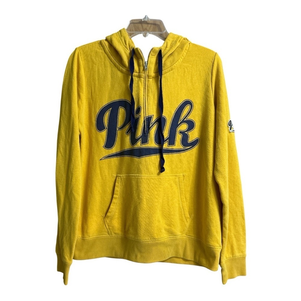 PINK Victoria's Secret Yellow Hoodie with Navy Accents, Large
